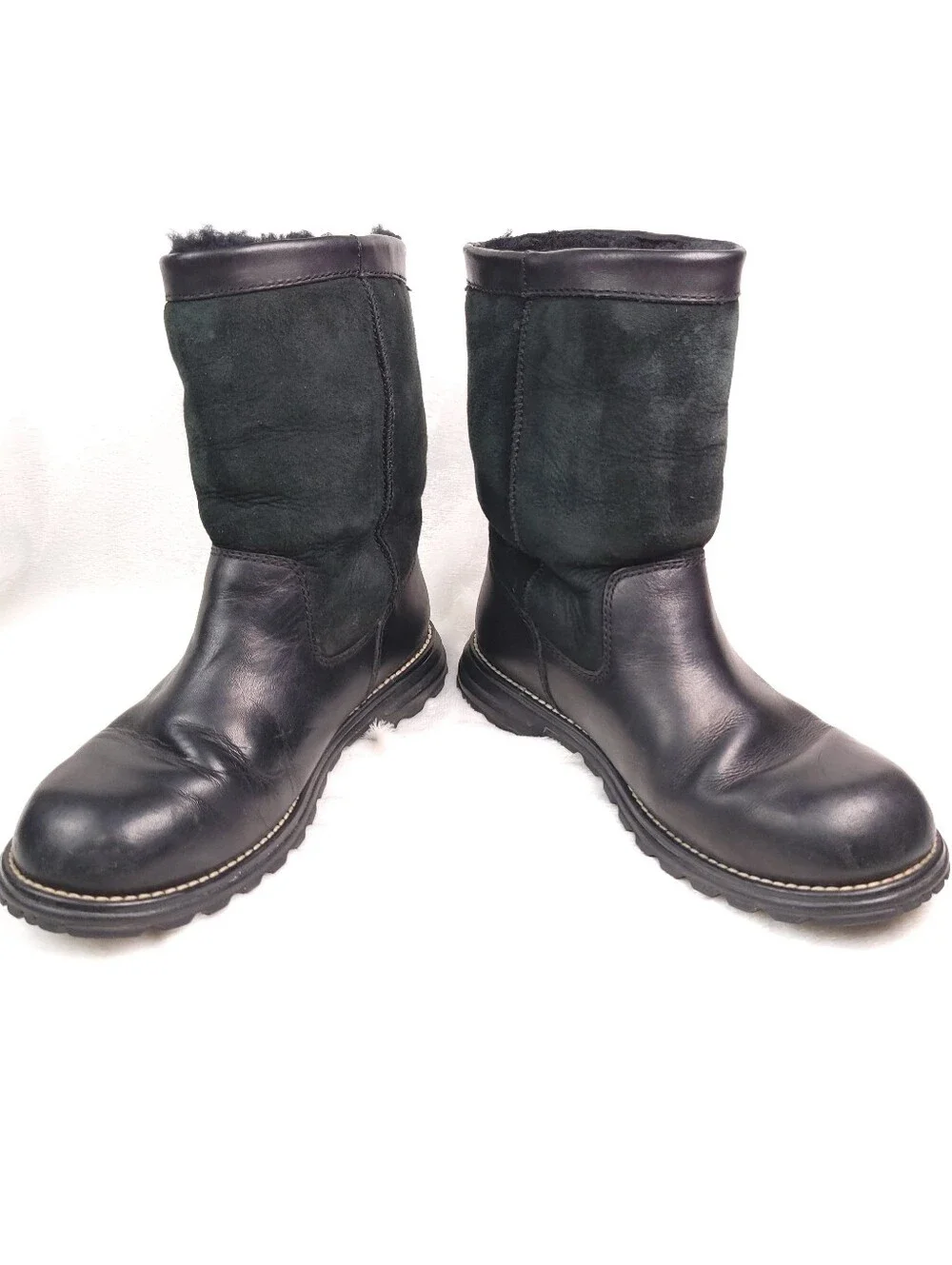 UGG Brooks 5381 Black 8 Leather & Suede Mid Calf Short Winter Boots VTG
